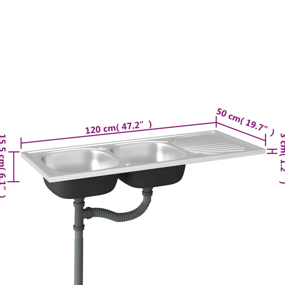 vidaXL Gootsteen dubbele bakken 1200x500x155 mm roestvrij staal zilver