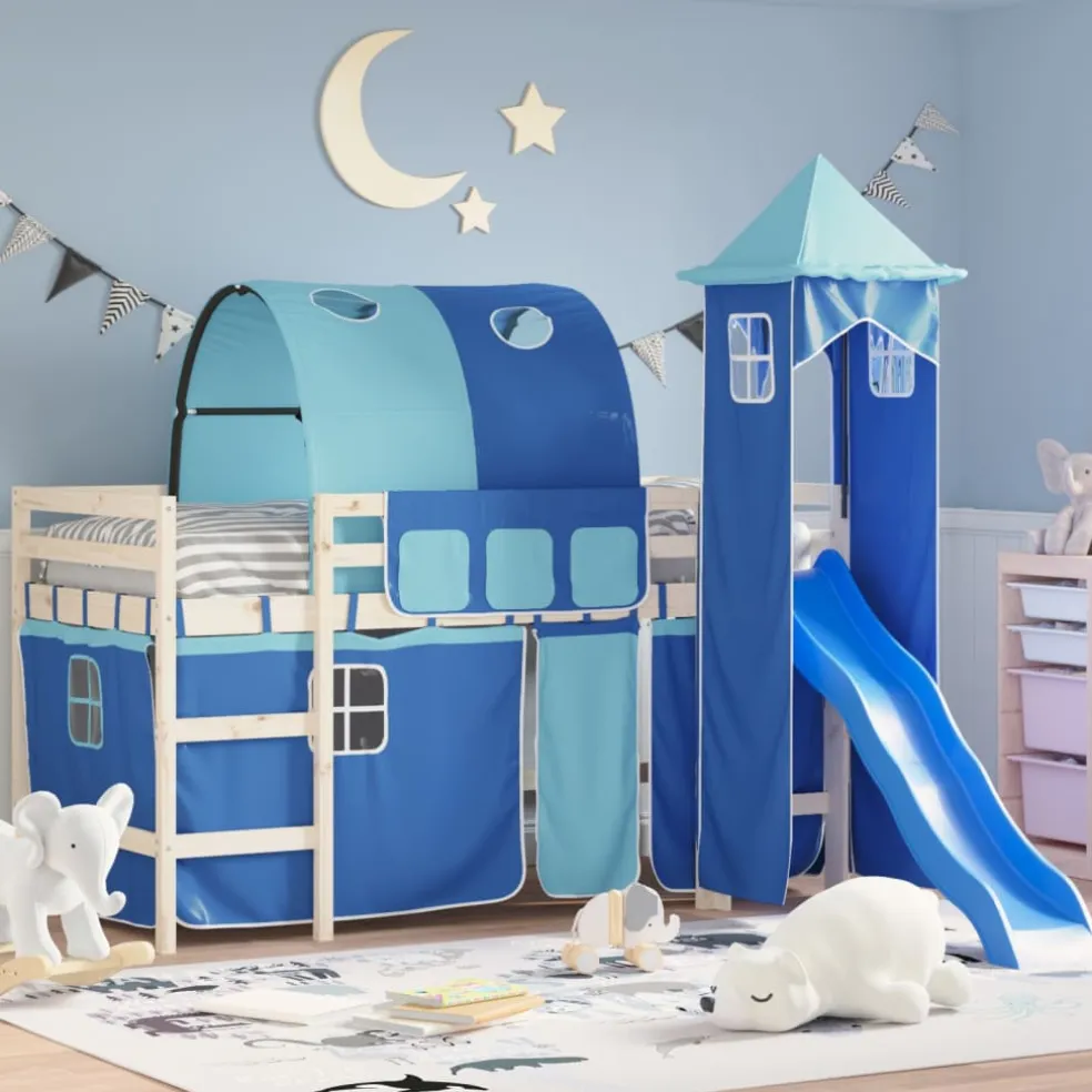 vidaXL Gordijnen voor hoogslaper met tunnel en toren blauw
