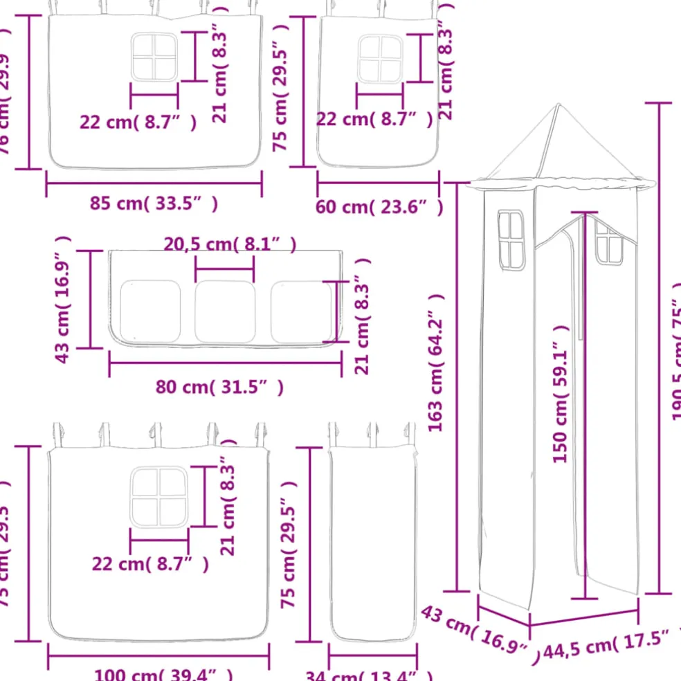 vidaXL Gordijnen voor hoogslaper met toren polyester wit en zwart