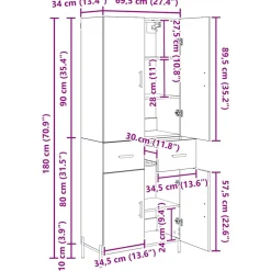vidaXL Highboard Zwart Eiken 69,5 x 34 x 180 cm Bewerkt hout