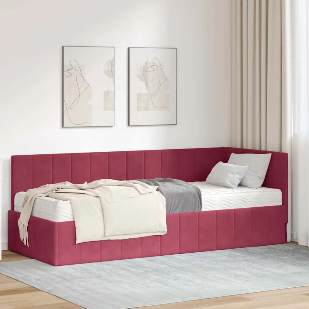 vidaXL Hoekbedframe met Matras 2 st Wijnrood 80 x 200 cm Fluweel