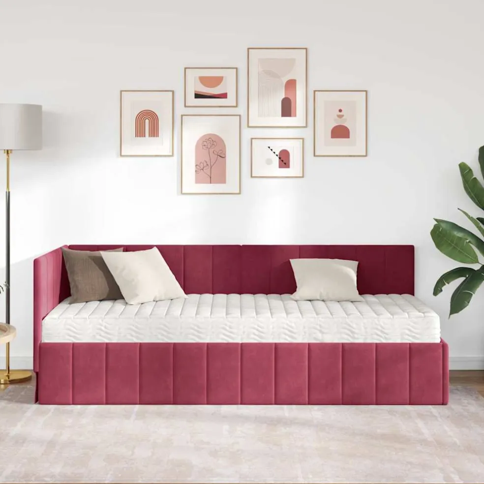 vidaXL Hoekbedframe met Matras 2 st Wijnrood 80 x 200 cm Fluweel
