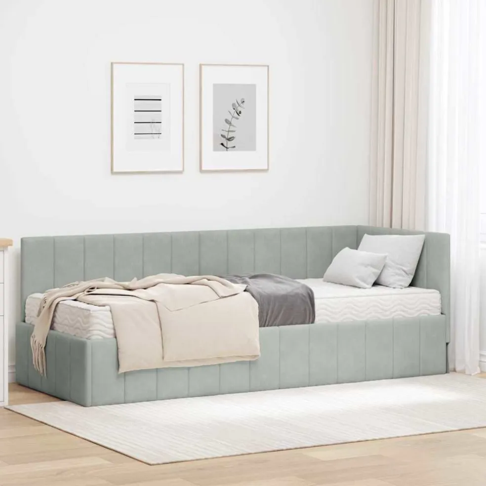 vidaXL Hoekbedframe met Matras 2 st Lichtgrijs 80 x 200 cm Fluweel