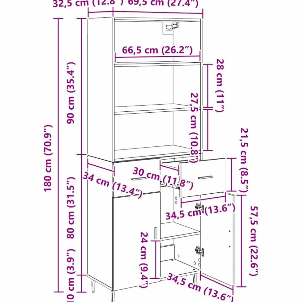 vidaXL Hoge kast 2 st Zwart Eiken 69,5 x 34 x 180 cm Bewerkt hout