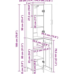 vidaXL Hoge kast Zwart Eiken 34,5 x 34 x 180 cm Bewerkt hout