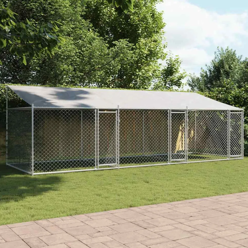 vidaXL Hondenhok met dak en deuren 6x2x2 m gegalvaniseerd staal grijs