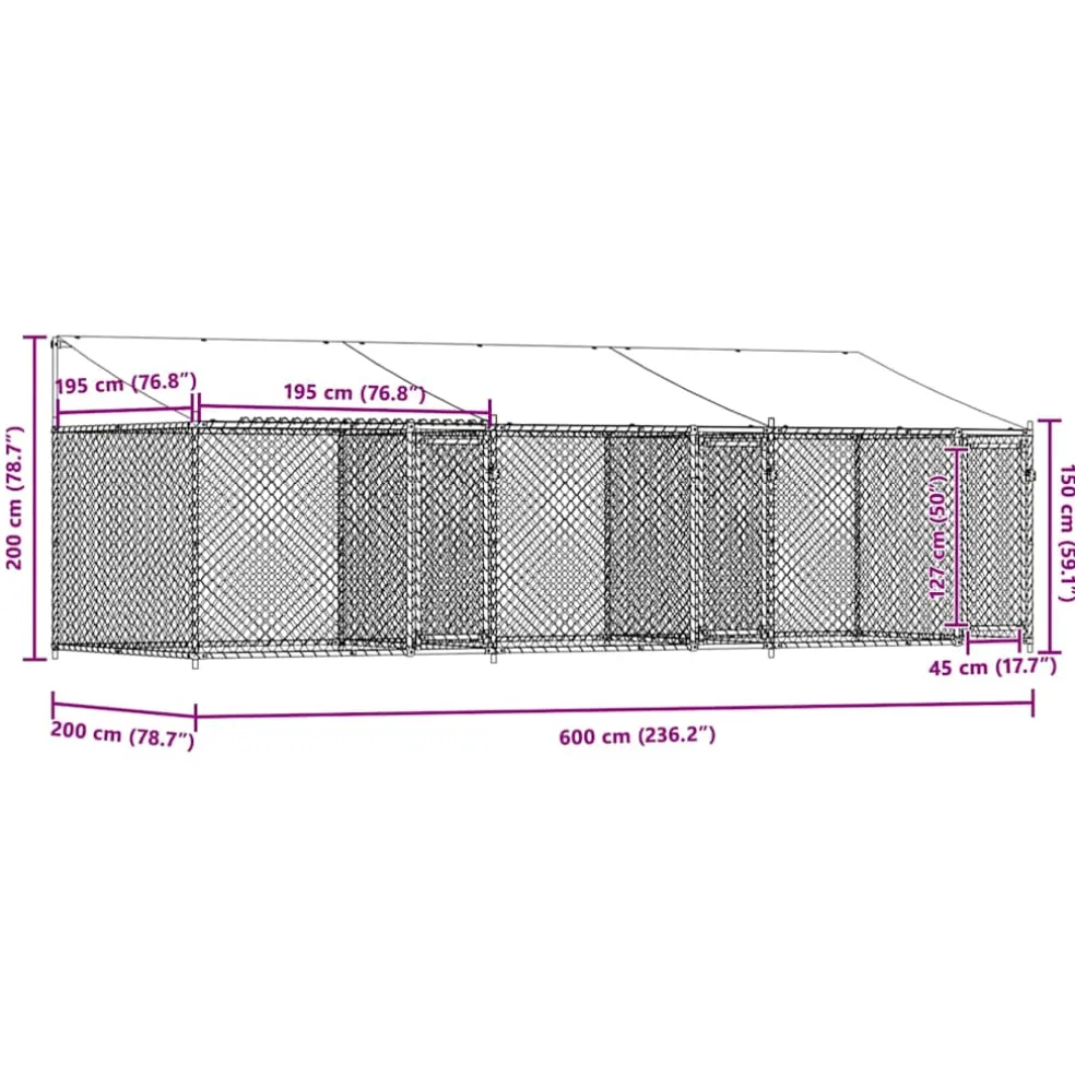 vidaXL Hondenhok met dak en deuren 6x2x2 m gegalvaniseerd staal grijs