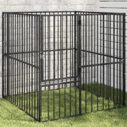 vidaXL Hondenkennel 4 panelen gepoedercoat staal zwart