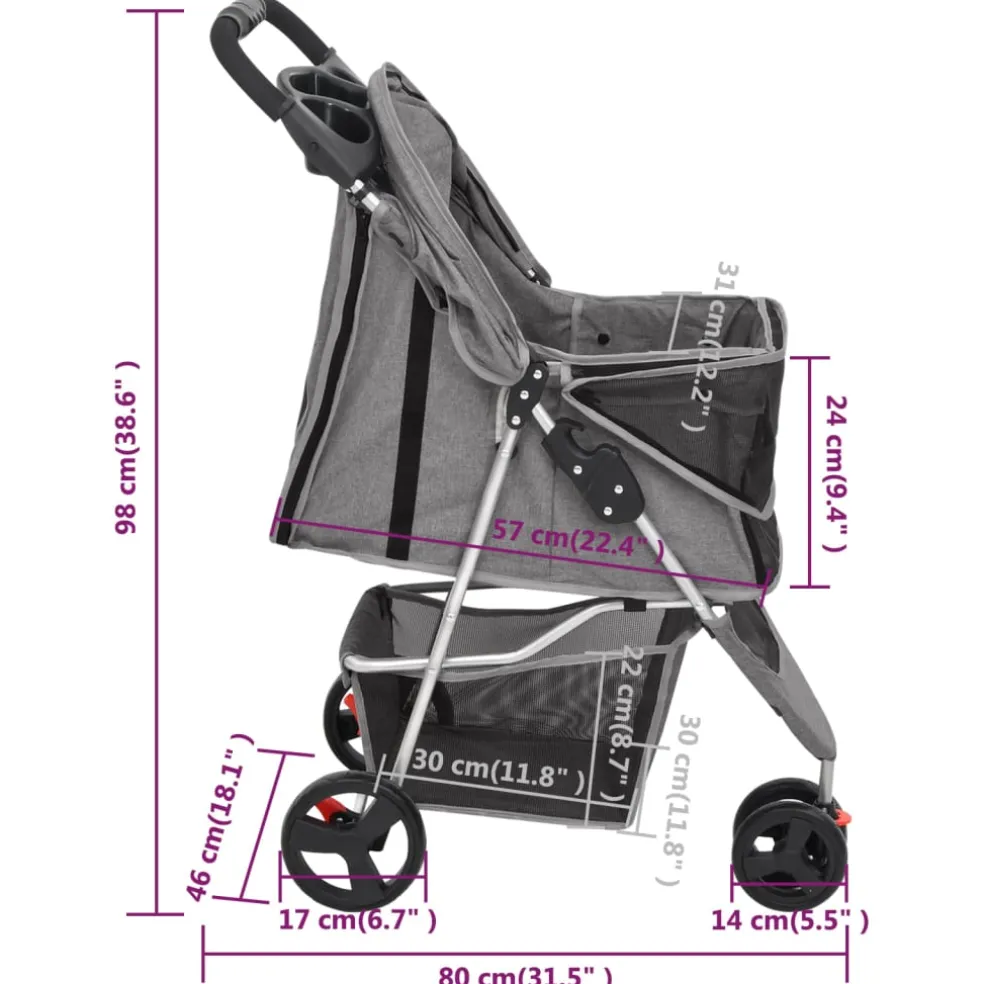 vidaXL Hondenwagen inklapbaar 80x46x98 cm oxford stof grijs