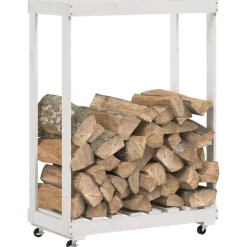 vidaXL Houtblokhouder met wielen 76,5x40x108 cm massief grenenhout wit