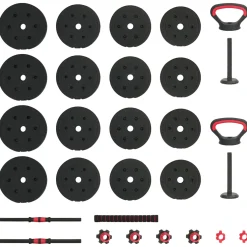 vidaXL 4-in-1 Dumbbell Barbell Kettlebell Set 30 kg Zwart en Rood
