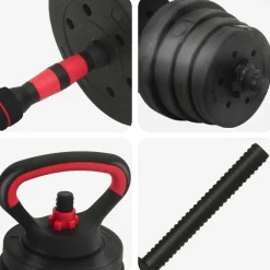 vidaXL 4-in-1 Dumbbell Barbell Kettlebell Set 30 kg Zwart en Rood
