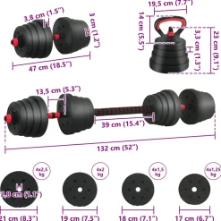 vidaXL 4-in-1 Dumbbell Barbell Kettlebell Set 30 kg Zwart en Rood