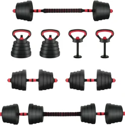 vidaXL 4-in-1 Dumbbell Barbell Kettlebell Set 30 kg Zwart en Rood