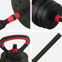 vidaXL 4-in-1 Dumbbell Barbell Kettlebell Set 20 kg Zwart en Rood