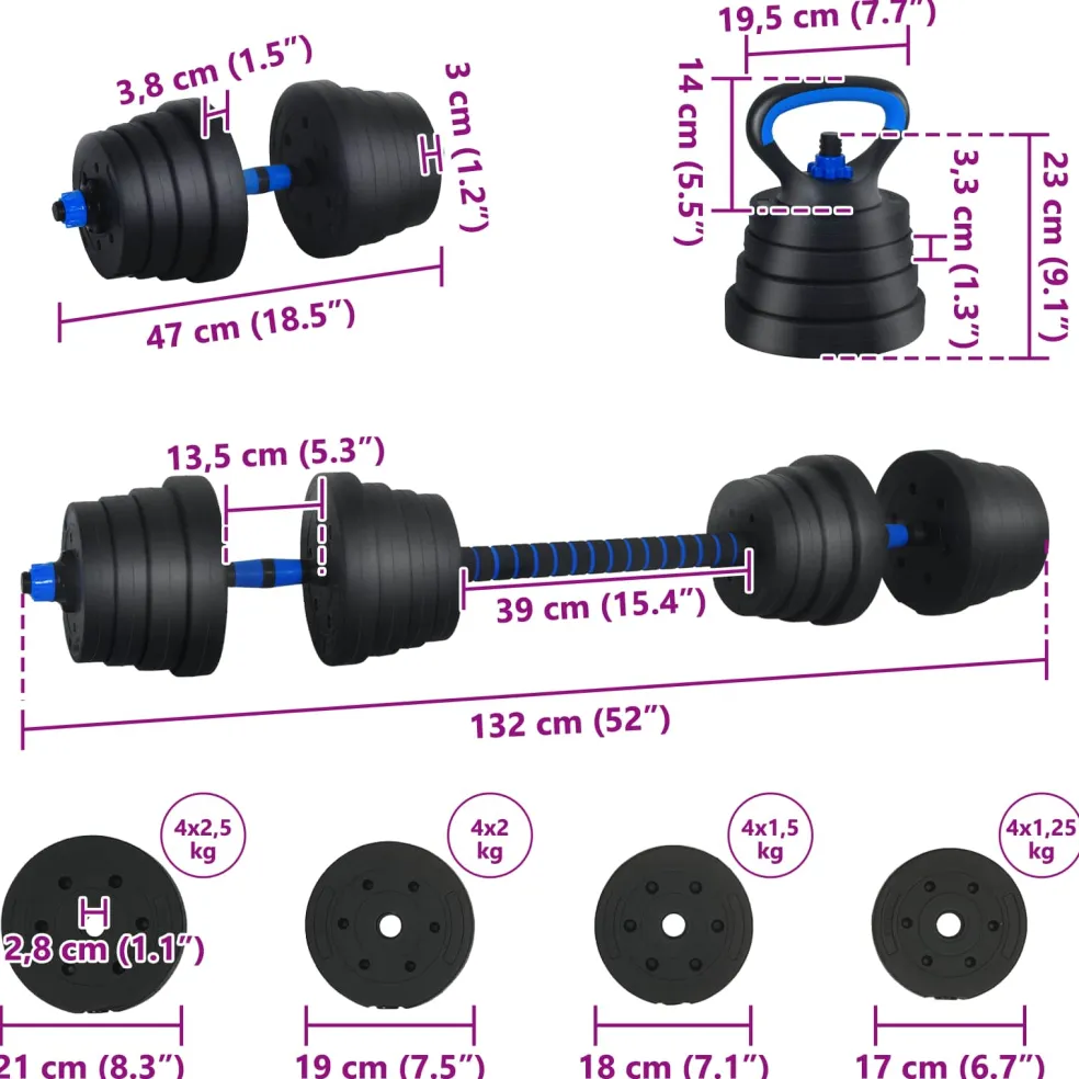 vidaXL 4-in-1 Dumbbell Barbell Kettlebell Set 30 kg Zwart en Blauw