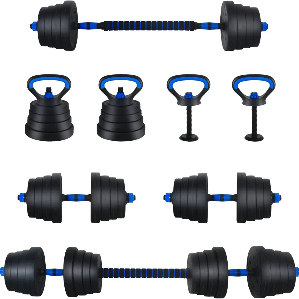 vidaXL 4-in-1 Dumbbell Barbell Kettlebell Set 30 kg Zwart en Blauw