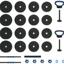 vidaXL 4-in-1 Dumbbell Barbell Kettlebell Set 30 kg Zwart en Blauw