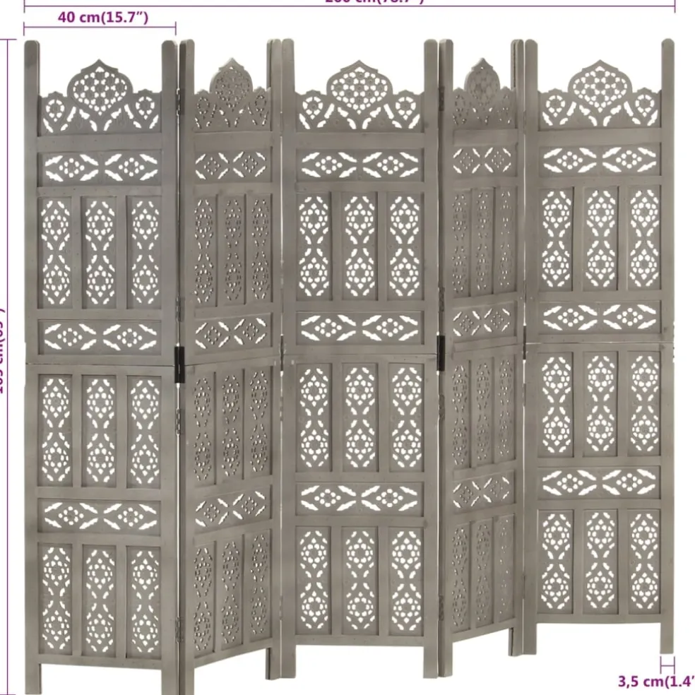 vidaXL Kamerscherm 5 panelen handgesneden 200x165 cm mangohout grijs