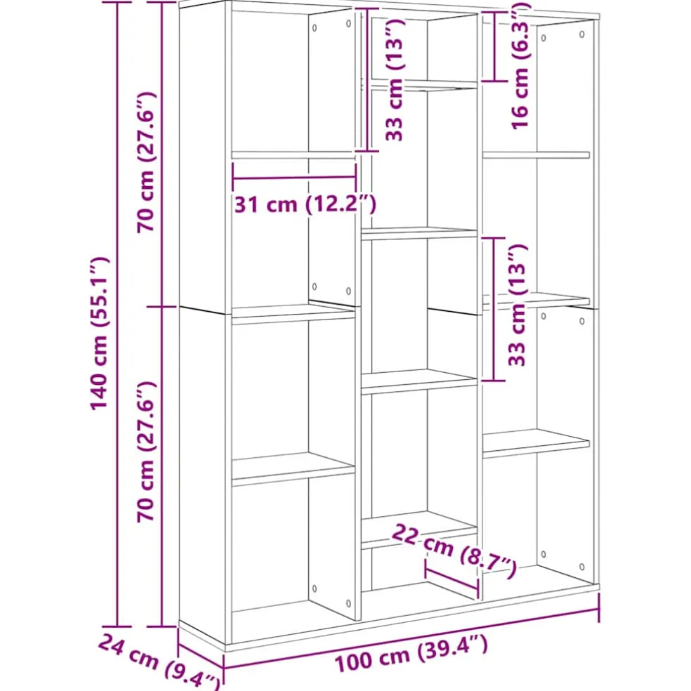 vidaXL Kamerverdeler Zwart Eiken 100 x 24 x 140 cm Bewerkt hout