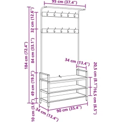 vidaXL Kapstok met plank Zwart eiken 95 x 34 x 184 cm Bewerkt hout