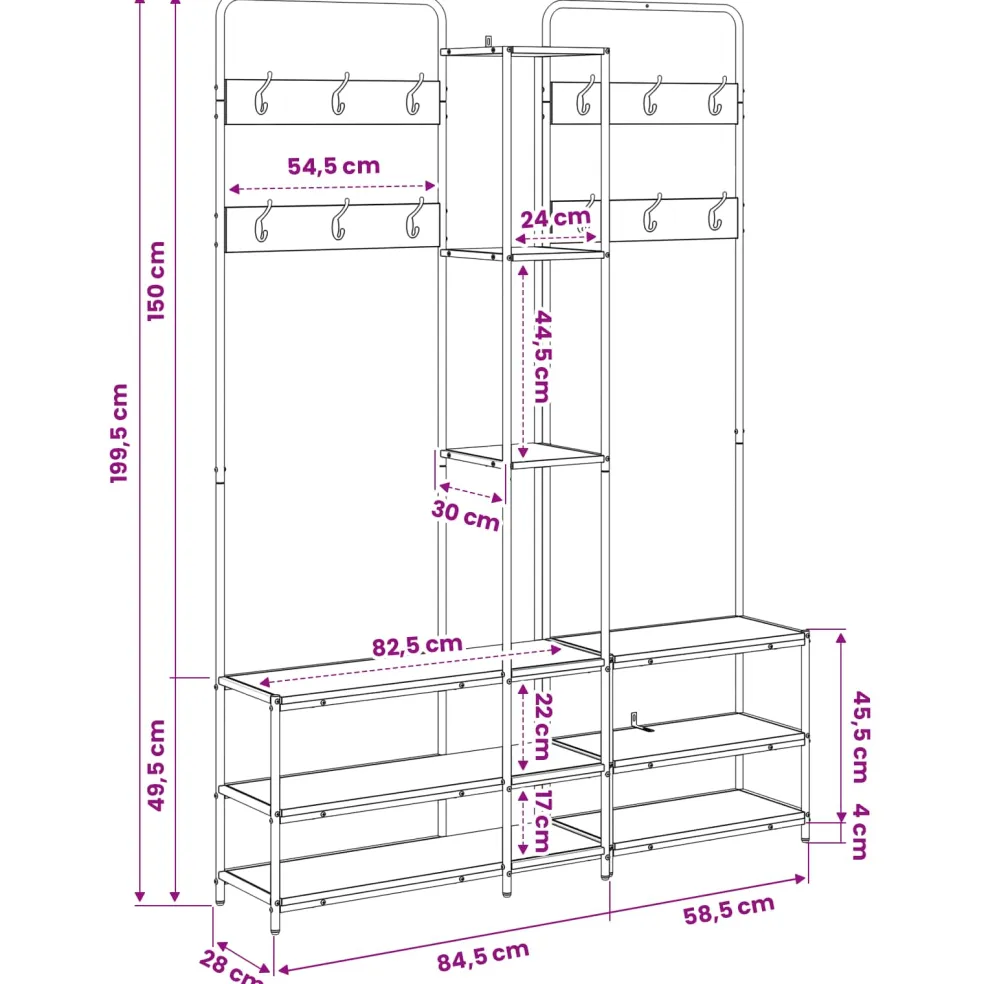 vidaXL Kapstok met schoenenbank Grijs Sonoma 143 x 30 x 199,5 cm