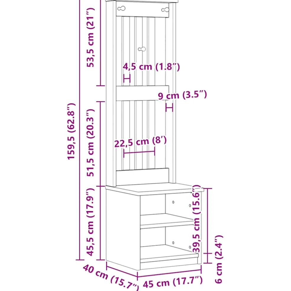 vidaXL Kapstok SANDNES 45x40x159,5 cm massief grenenhout