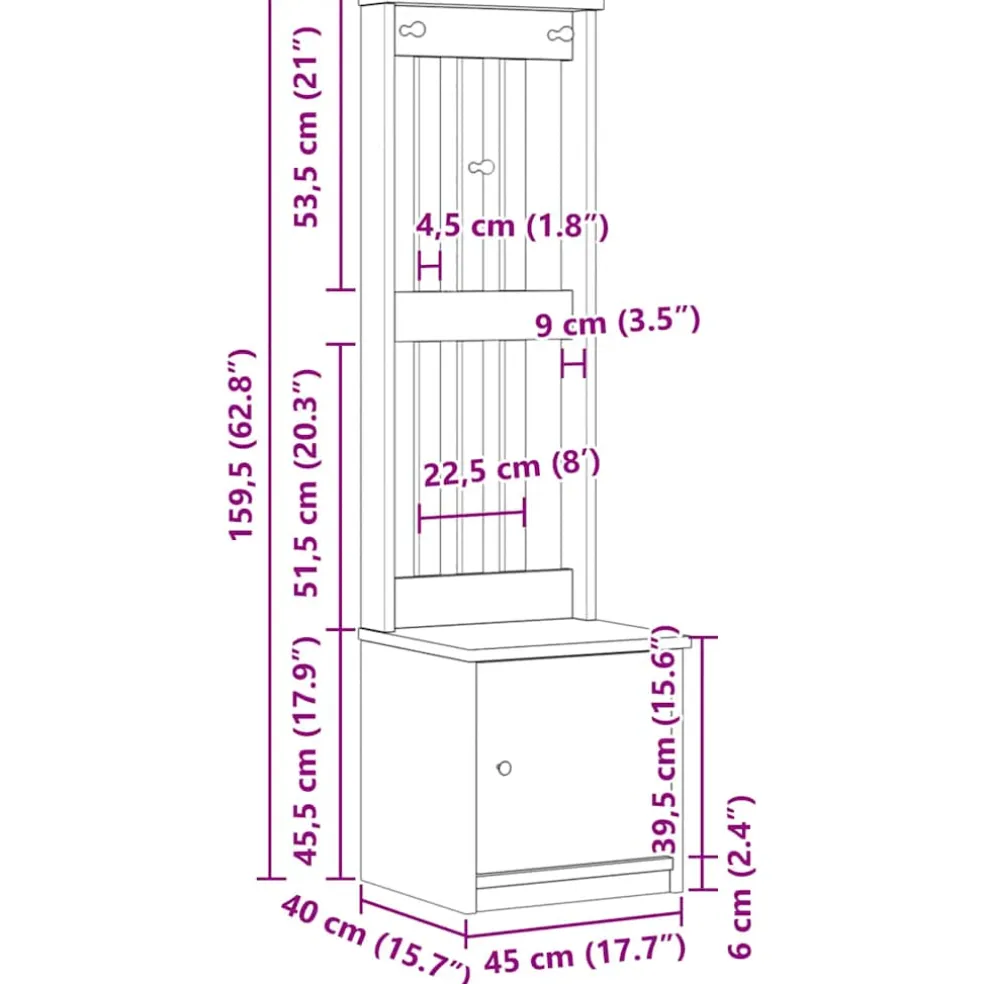 vidaXL Kapstok SANDNES 45x40x159,5 cm massief grenenhout