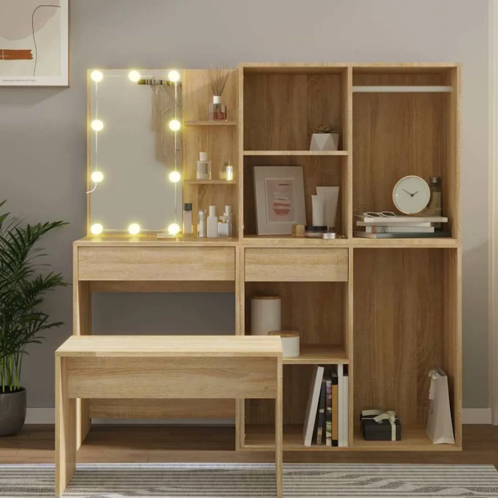 vidaXL Kaptafelset met LED's bewerkt hout betongrijs