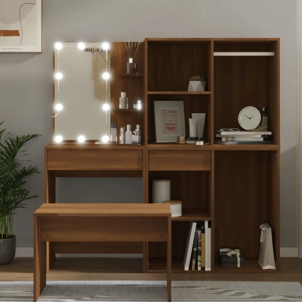 vidaXL Kaptafelset met LED-verlichting bewerkt hout artisanaal eiken