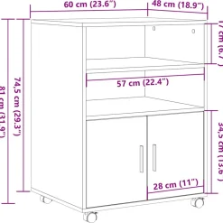 vidaXL Kast Zwart Eiken 60 x 48 x 74.5 cm Met wielen