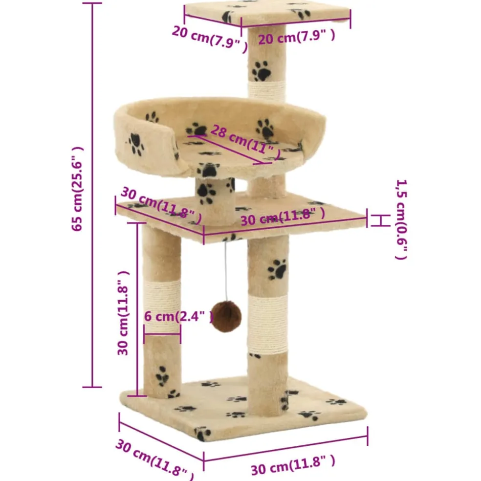 vidaXL Kattenkrabpaal met sisal krabpalen 65 cm pootafdrukken beige