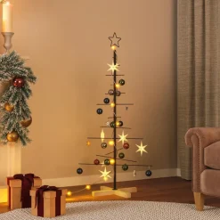 vidaXL Kerstdecoratie kerstboom met houten basis 120 cm metaal zwart
