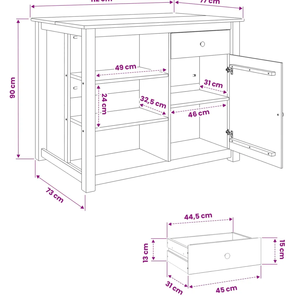 vidaXL Keuken Eiland Set PANAMA Wit en Honing Was 112 x 77 x 90 cm