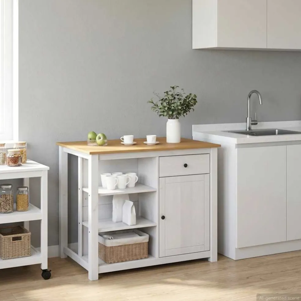vidaXL Keuken Eiland Set PANAMA Wit en Honing Was 112 x 77 x 90 cm