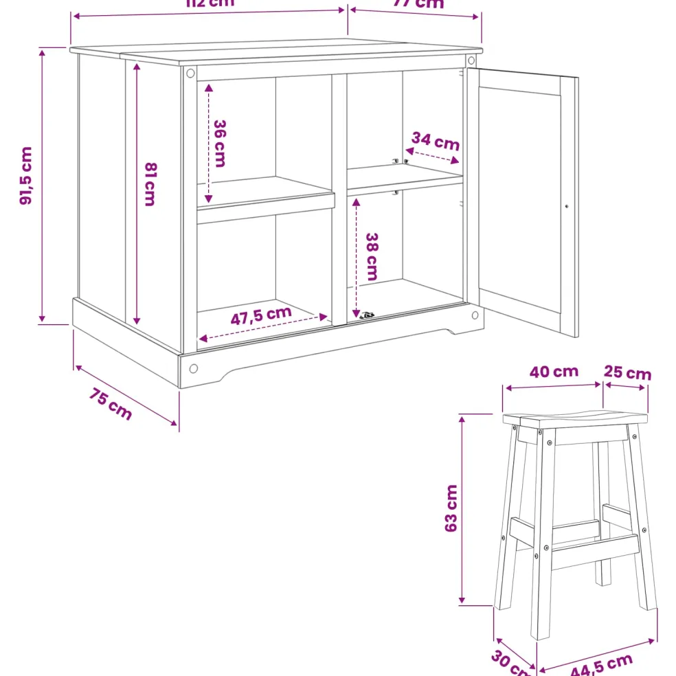 vidaXL Keuken Eiland Set 3 st Honing Wax 112 x 70 x 91,5 cm
