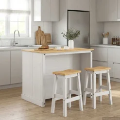 vidaXL Keuken Eiland Set 3 st Wit en Honing Was 112 x 77 x 91,5 cm
