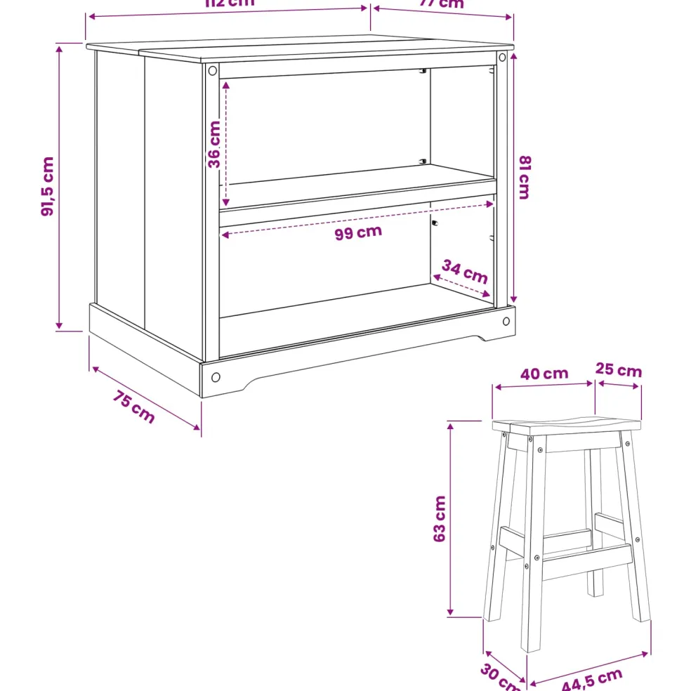 vidaXL Keuken Eiland Set 3 st Wit en Honing Was 112 x 77 x 91,5 cm