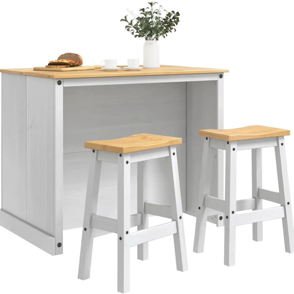 vidaXL Keuken Eiland Set 3 st Wit en Honing Was 112 x 77 x 91,5 cm
