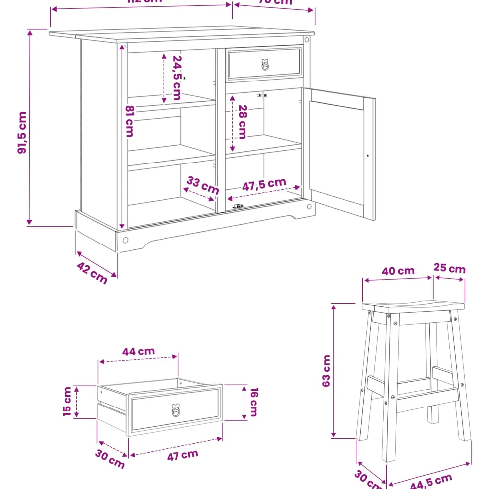 vidaXL Keuken Eiland Set 3 st Wit en Honing Was 112 x 70 x 91,5 cm