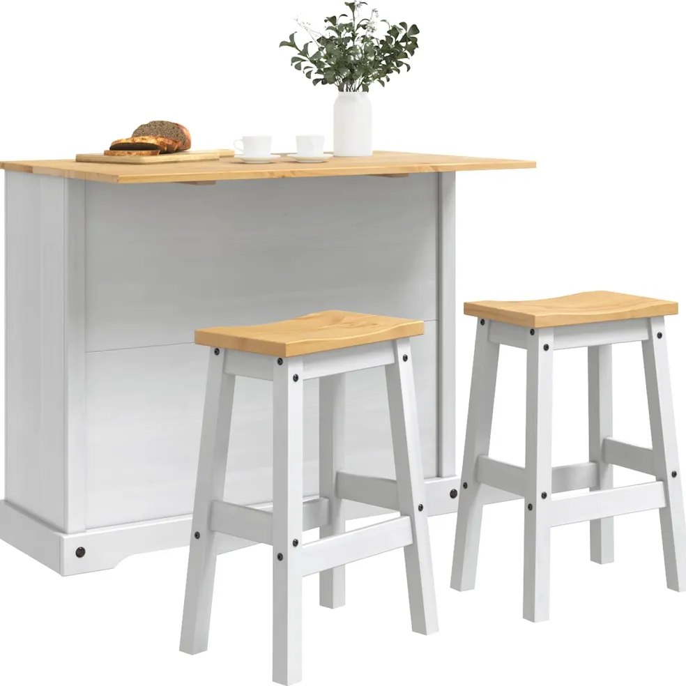 vidaXL Keuken Eiland Set 3 st Wit en Honing Was 112 x 70 x 91,5 cm