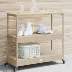 vidaXL Keukentrolley 3-laags poly rattan en massief acaciahout beige