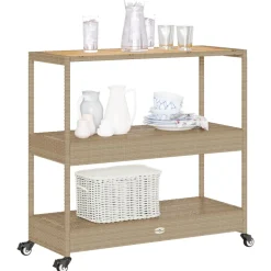 vidaXL Keukentrolley 3-laags poly rattan en massief acaciahout beige