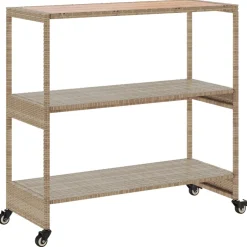 vidaXL Keukentrolley 3-laags poly rattan en massief acaciahout beige