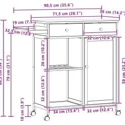vidaXL Keukentrolley met Wielen Naturel 90,5 x 36 x 86,5 cm Bamboe