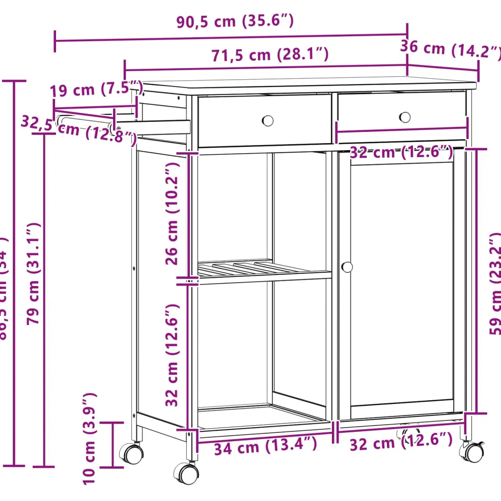 vidaXL Keukentrolley met Wielen Naturel 90,5 x 36 x 86,5 cm Bamboe
