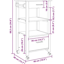 vidaXL Keuken Trolley MONZA Zwart 48 x 40 x 88,5 cm Massief Vurenhout