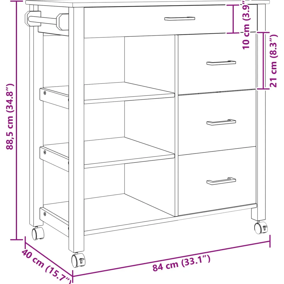 vidaXL Keuken Trolley MONZA Zwart 84 x 40 x 88,5 cm Massief Vurenhout