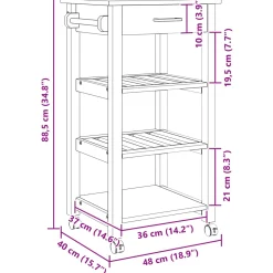 vidaXL Keuken Trolley MONZA Zwart 48 x 40 x 88,5 cm Massief Vurenhout