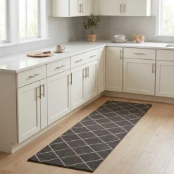 vidaXL Keuken Vloerkleed Antraciet geruit 150 x 45 cm 100% Polyamide